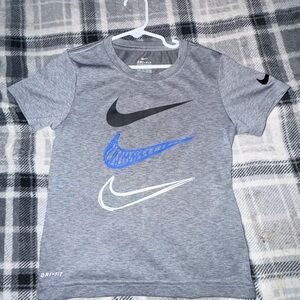 Nike Kids Gray Tee with Black, Blue, and White Swooshes